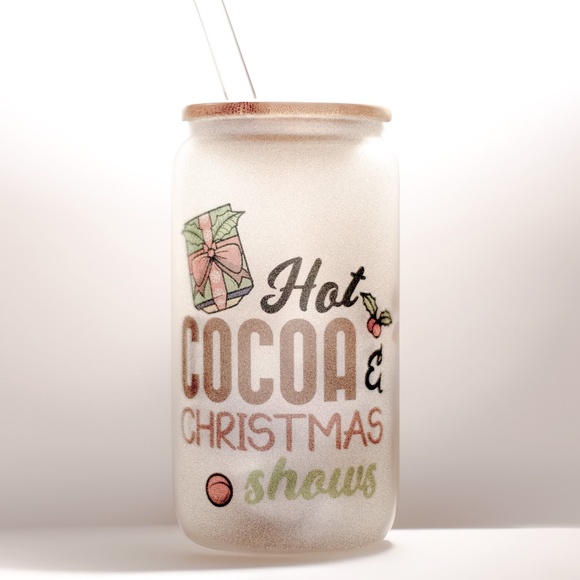 Hot Cocoa & Christmas Shows Glasses cup 16 oz glass cup with Straw & Bamboo Lid. - Picture 7 of 7